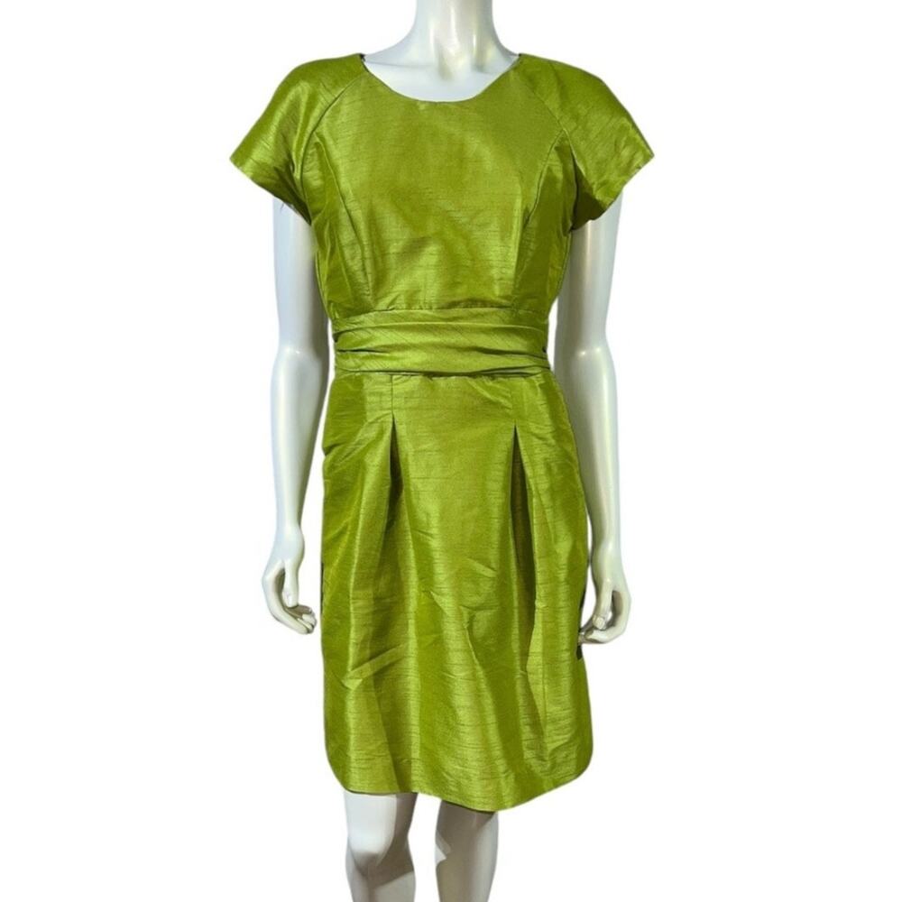 VTG 50s Mid Century Stitches and Things Chartreuse Shantung Sheath Dress 4 6